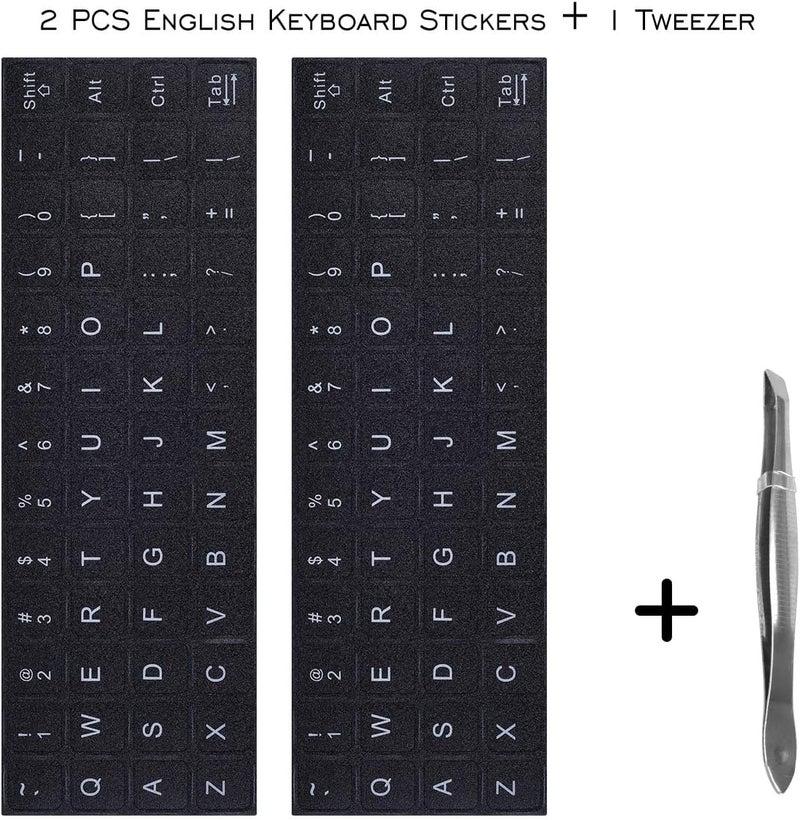 DAMMOMKO 2PCS Universal English Keyboard Stickers Letters with Tweezer, Keyboard Stickers Black Background with White Lettering, Keyboard Letters Replacement Sticker for PC Laptop Desktop Computer -English - Image 2